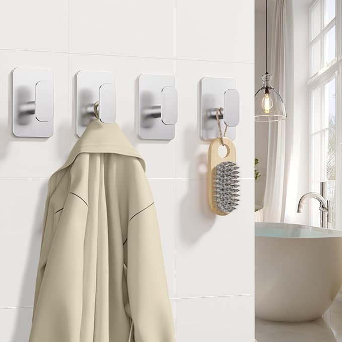 Large Heavy Duty Wall Hooks - 26lb Max, Stainless Steel Adhesive Towel Hooks for Hanging Towel, Coat, Robe, Hat, Sticky Towel Holder for Wall Mount in Bathroom, Shower, Kitchen(Silver, 2 Pack)