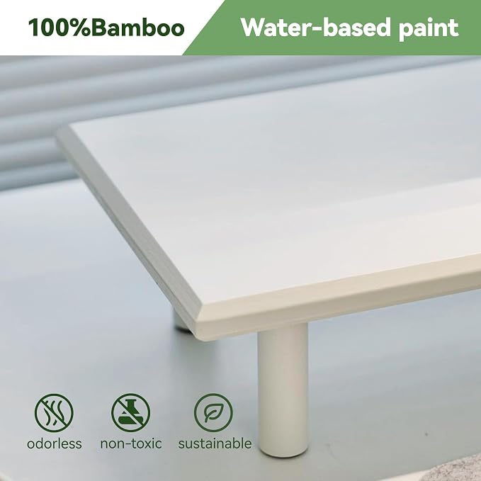 Bamboo Dual Monitor Stand Riser, White Desk Shelf with Storage | 39.37-Inch Wide, 3.5-Inch Clearance, Fits Keyboards, Soundbars and Two 24-Inch Monitors for Home Office