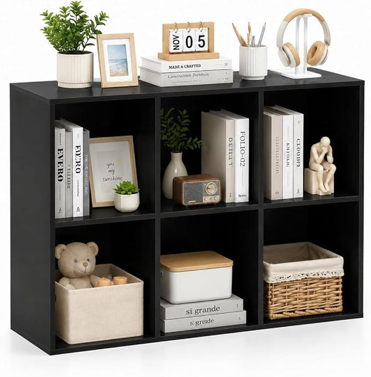 POWERSTONE 6 Cube Storage Organizer, Open Cube Bookshelf with Back Panels, Modern Display Cubby Bookcase for Bedroom Living Room Home Office, Black