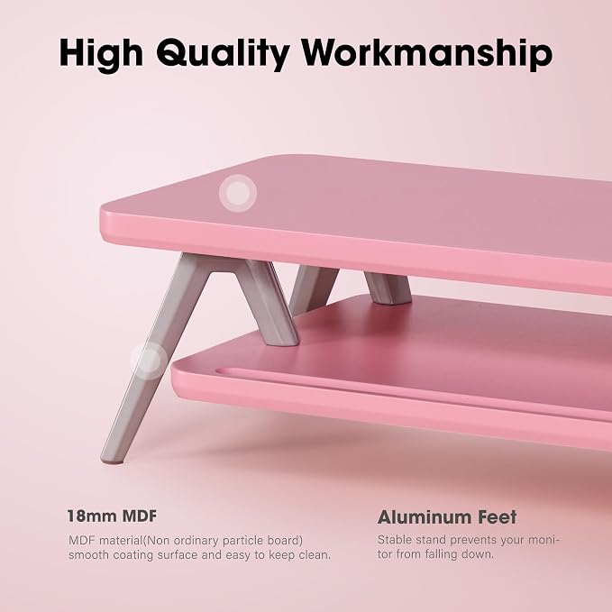 Fenge Dual Monitor Stand Riser, Wooden Desk Shelf with 2-Tier Storage | 42.5-Inch Wide, Sturdy Aluminum Legs, Built-In Phone & Tablet Slot, Desktop Organizer for Office Accessories
