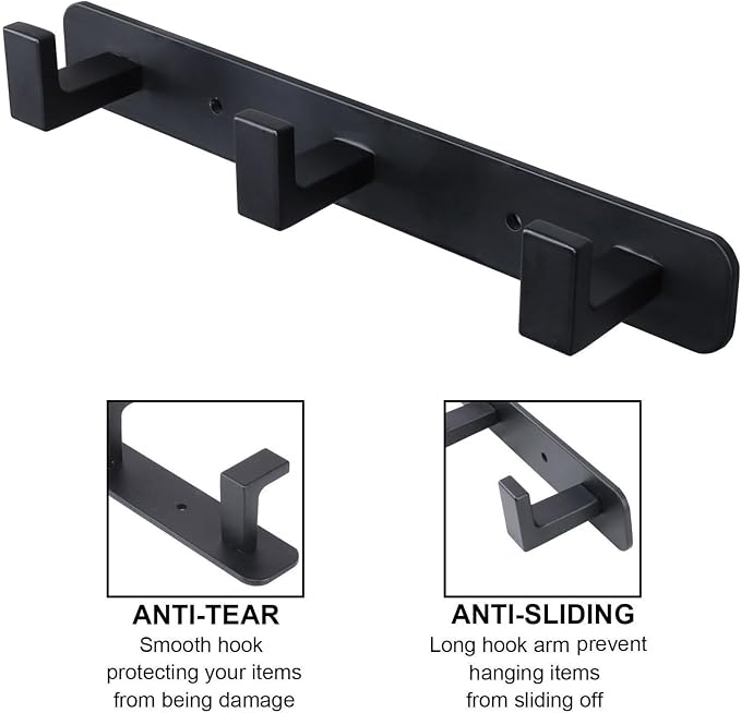 Coat Rack, Heavy Duty Stainless Steel 3 Tri Coat Hook Hanger, Wall Mounted Wall Hooks, Rustic Clothes Hook/Key Hook Rail for Bathroom Kitchen Entryway(2 Pack, 3 Hook Black)