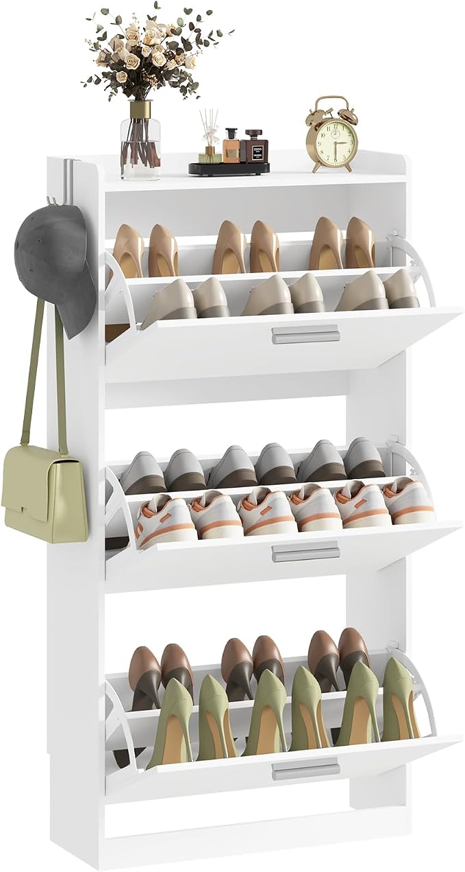 Shoe Cabinet Organizer with 3 Flip Drawers,Narrow Shoe Rack 23.6" W White | Freestanding shoe storage cabinet for entryway,foyer and hallway,slim design and space-saving flip drawers