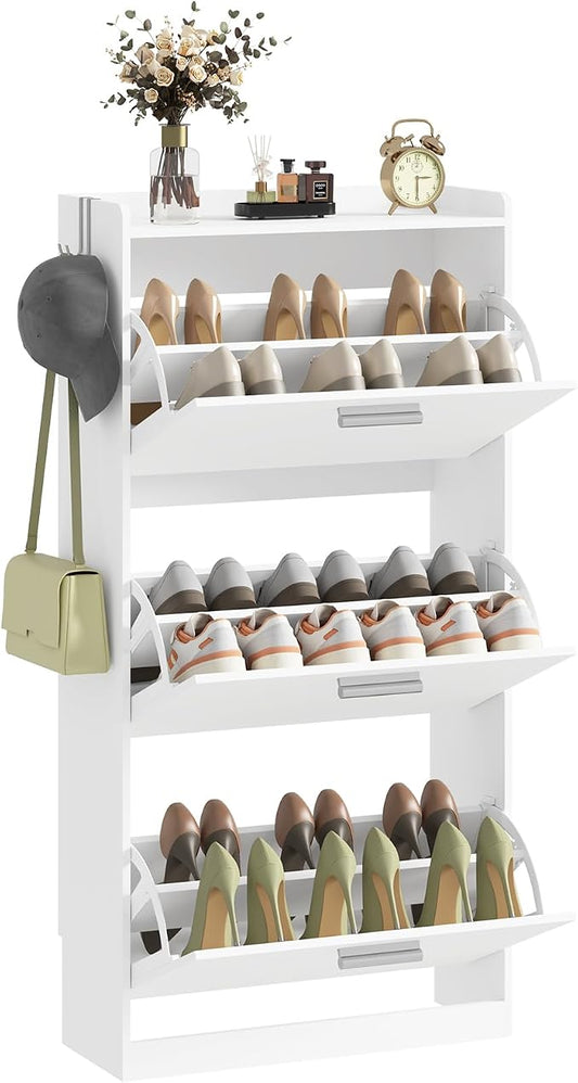 Shoe Cabinet Organizer with 3 Flip Drawers,Narrow Shoe Rack 23.6" W White | Freestanding shoe storage cabinet for entryway,foyer and hallway,slim design and space-saving flip drawers