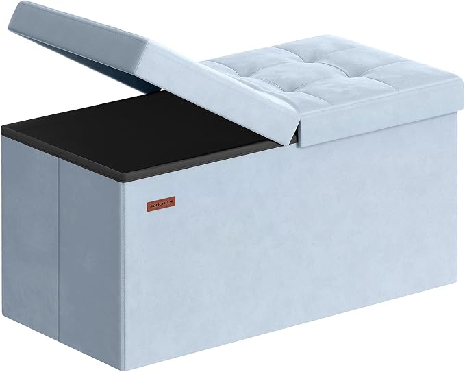 SONGMICS Velvet Storage Ottoman, Folding Storage Bench for Bedroom, Toy Chest, Ottoman Coffee Table, 15 x 29.9 x 15 Inch, Baby Blue, Entryway Shoe Bench, Island Collection ULSF048QQ02
