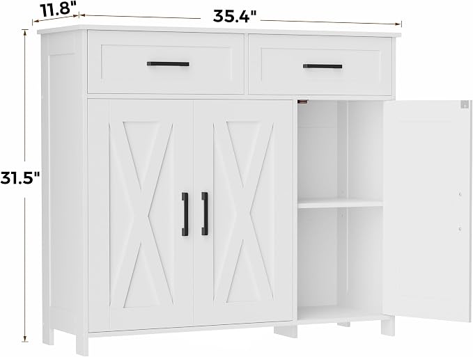 Homhedy Coffee Bar Storage Cabinet with Drawers, Kitchen Buffet Cabinet | Sideboard Cabinet with Doors, Farmhouse Buffet Cabinet, Adjustable Shelves, for Kitchen / Dining / Living Room, White