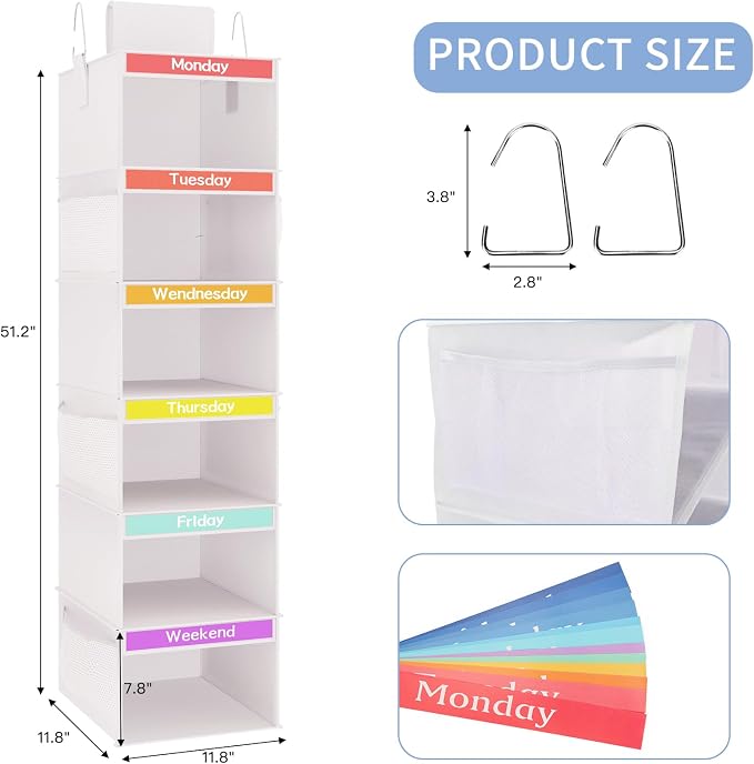 Fixwal Weekly Kids Clothes Organizer 2 Pack 6-Shelf Hanging Storage | Nonwoven Fabric, 6 Daily Shelves, 6 Mesh Side Pockets, 2 Metal Hooks, Foldable Design, for Kids Outfits and Accessories