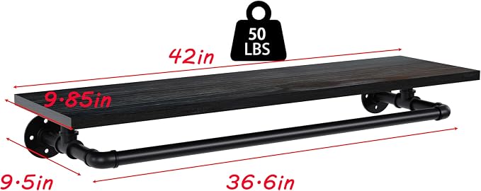 Clothes Rack 42in, Wall Mounted Garment Rack with Real Black Wood Shelf, Heavy Duty Hanging Clothes Rack, Multi-Purpose Hanging Rod, Space-Saving Closet Storage