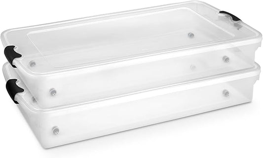 HOMZ 2-Pack Under Bed Storage Containers with Wheels - Home Organization Clear Plastic Storage Bins with Lids and Secure Latches - Durable, Stackable & Low-Profile, 60 Quart | Stackable Underbed Container Set for Shoes, Bags, Clothes, and Towel Organiz...