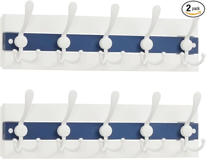 SKOLOO Coastal Wall Mounted Coat Rack - 16-7/8" Beach House Entryway Wooden Coat Hook with 5 Hooks for Hanging Coats, Hats or Towels, Oceanfront Cottage Core Collection, White & Blue, Pack of 2