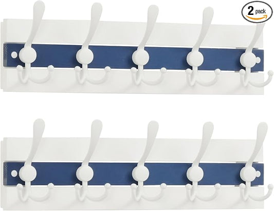 SKOLOO Coastal Wall Mounted Coat Rack - 16-7/8" Beach House Entryway Wooden Coat Hook with 5 Hooks for Hanging Coats, Hats or Towels, Oceanfront Cottage Core Collection, White & Blue, Pack of 2