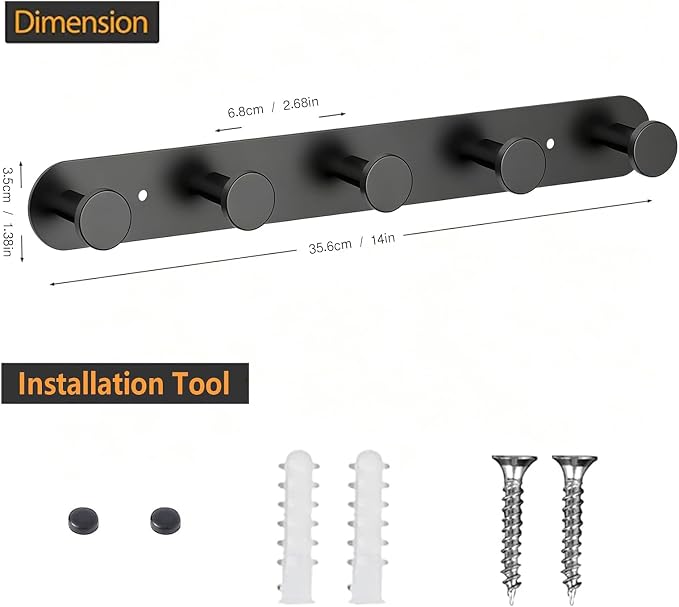 Coat Hooks - Coat Rack Wall Mount - Matte Black (1 Pack) | Stainless Steel Coat Rack Whit 5 Hooks, 14 Inches Hat Rack, Key Holder for Wall, Towel Hook, Towel Racks for Bathroom