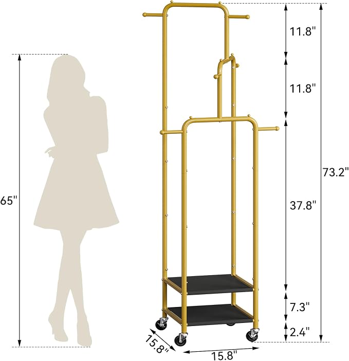 Chrislley Small Clothing Rack With Wheels & 2 Shelves, Narrow Clothes Rack | 3-Section Different Heights Metal Rolling Garment Rack, 71" Tall Portable Coat Rack with 6 Hooks for Bedroom, Entryway, Gold