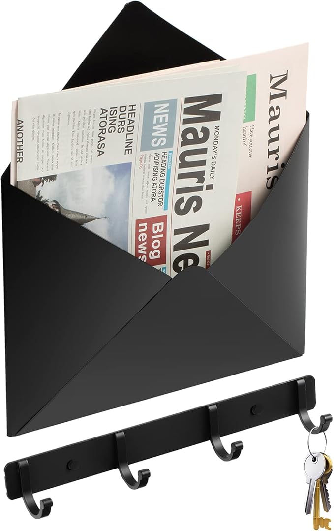 Metal Mail Envelope Holder Wall Mounted Hanging Envelope Decor Mail Organizer Holder and a Row Hook for Home Or Office