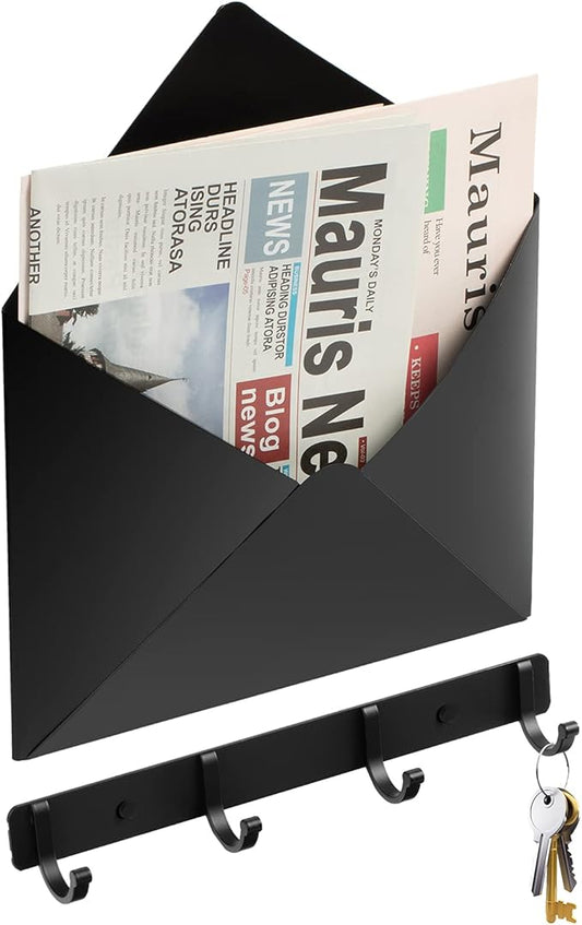 Metal Mail Envelope Holder Wall Mounted Hanging Envelope Decor Mail Organizer Holder and a Row Hook for Home Or Office
