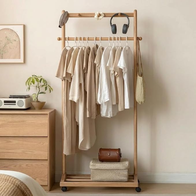 Solid Wood Clothes Rack, Rolling Garment Rack with Wheels & Shelves Storage & 5 Hooks Heavy Duty Clothing Rack,Clothing Racks for Hanging Clothes, Bedroom, Living Room, Entryway