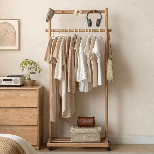 Solid Wood Clothes Rack, Rolling Garment Rack with Wheels & Shelves Storage & 5 Hooks Heavy Duty Clothing Rack,Clothing Racks for Hanging Clothes, Bedroom, Living Room, Entryway