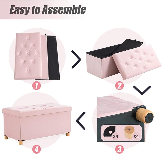BRIAN & DANY 30 Inches Folding Storage Ottoman Bench, Ottoman with Storage for Living Room, with Wooden Feet and Lid, Pink