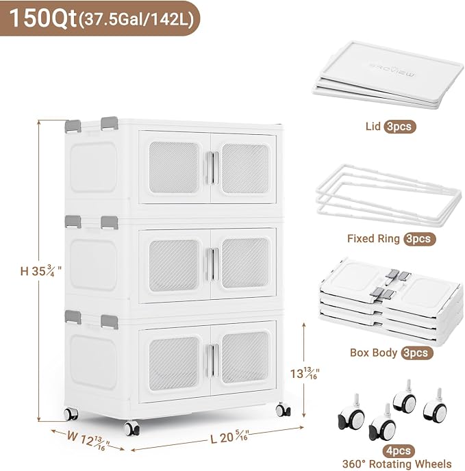 BROVIEW 150 Qt/37.5 Gal Stackable Storage Bins with Lids, 3 Pack, White | Small Stackable Storage Boxes w/ 3 Lid Folding Plastic Cart Organizer for Home Kitchen, Open Front Clear Door with Wheels