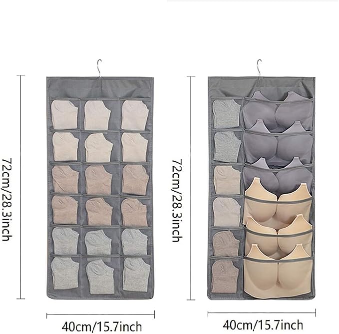 Closet Hanging Organizer with Mesh Pockets & Rotating Metal Hanger,Dual Sided Wall Shelf Wardrobe Storage Bags,Oxford Cloth Space Saver Bag for Bra Underwear Underpants Socks (gray)