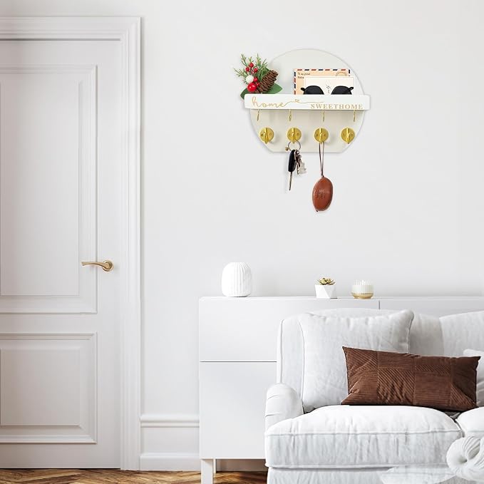 Key Holder for Wall, Key and Mail Holder Organizer - Key Holder Wall Mount with Bouquet Shelf and Key Hooks, Round Wooden Rustic Key Rack for Entryway and Home Decor (White)