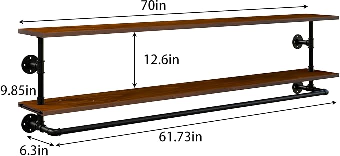 Clothes Rack 70in, Wall Mounted Garment Rack with Real Walnut Wood Shelf, Heavy Duty Hanging Clothes Rack, Multi-Purpose Hanging Rod, Space-Saving Closet Storage