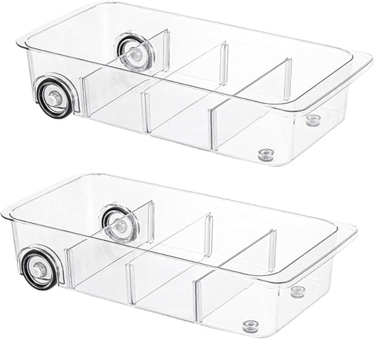 Fridge Organizer and Storage Drawer Roll Out Refrigerator Bins,2 Pack | Silicone Wheels,3 Pack Adjustable Dividers ,Easy to Clean for Pantry Storage Bins, Kitchen Organization