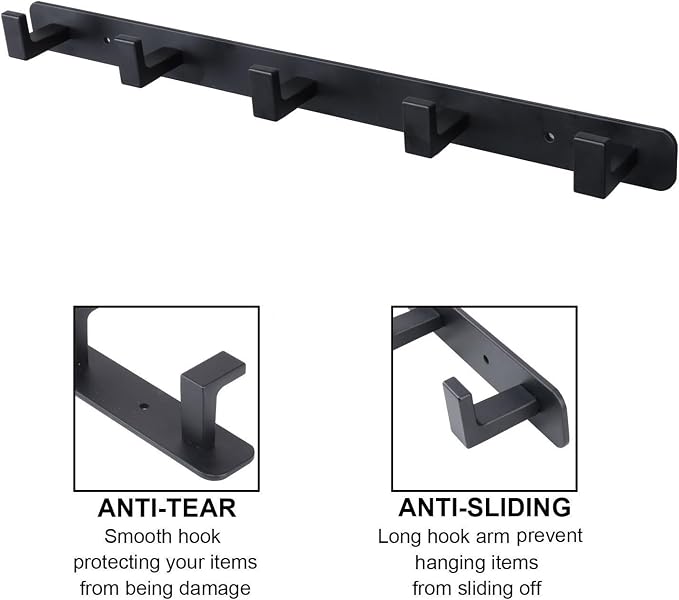 Coat Rack, Heavy Duty Stainless Steel 5 Tri Coat Hook Hanger, Wall Mounted Storage Wall Hooks, Rustic Clothes Hook/Key Hook Rail for Bathroom Kitchen Entryway(5 Hook Black)