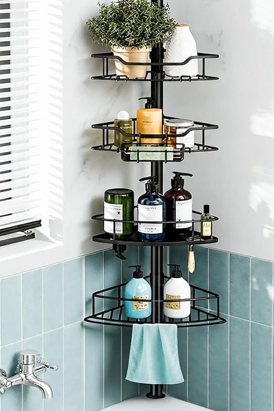 Corner Shower Caddy Tension Pole, 4 Tier Rustproof Shower Tension Rod Organizer, Adjustable 25-125 Inch Bathroom Shower Organizer Shelves for Bathtub Shampoo Storage, Black