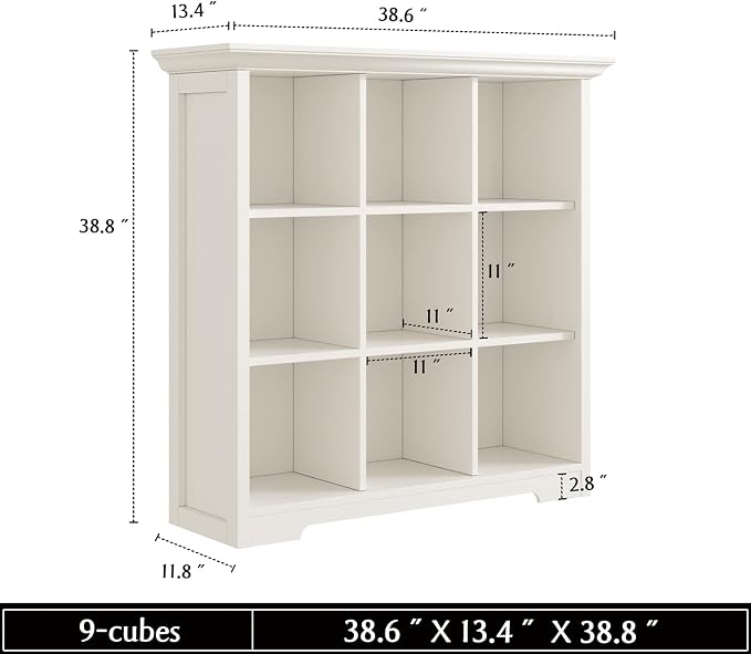 OSCHF 9-Cube Open Bookcase with Base, 3-Tier Wooden Bookshelf, White | Curved Base, Crown Molding, Fits 11×11" Bins, Modern Storage Cabinet for Living Room, Bedroom, Home Office