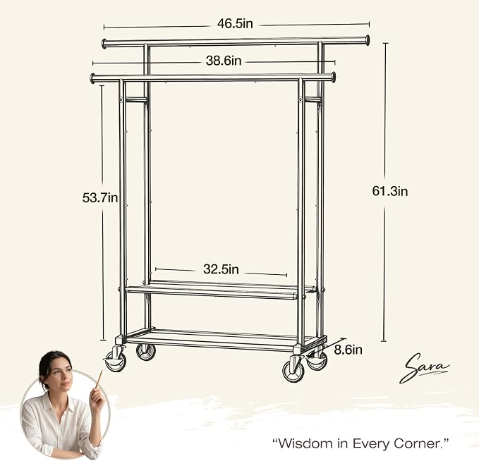 Portable Clothes Rack Rolling Garment Rack with Wheels 260LBS Black | Clothing Rack Hanging Clothes,Closet Rack Double Shelves Double Rods, Metal Garment Rack for Bedroom Laundry Living room