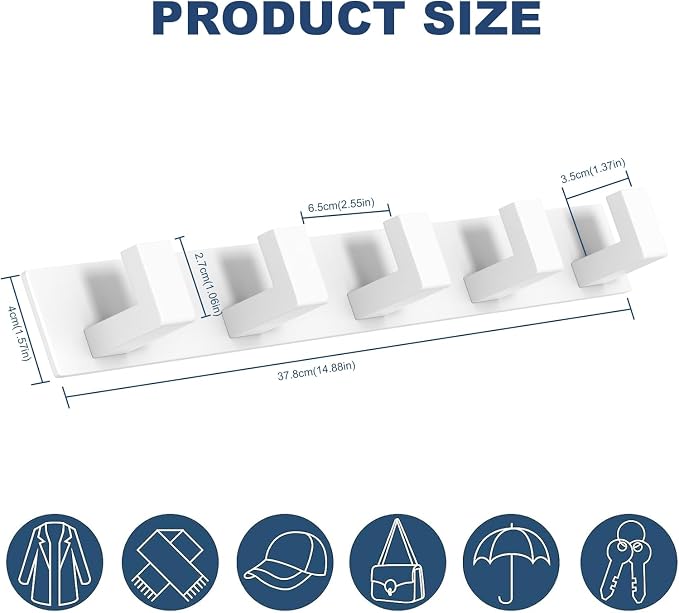 PMMASTO Stainless Steel Coat Rack Wall Mounted, Heavy Duty Metal Hook Rail for Hanging Coats Hats Towels Robes Bags, Modern Wall Hooks Organizer (White, 5 "L Hooks, 2 Pack)