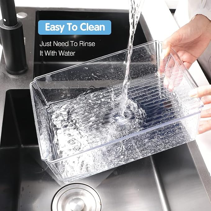 KUMD 10-Pack Clear Fridge Organizer Bins with Lids, Stackable Refrigerator Storage Containers, BPA-Free with Drain Tray & Anti-Slip Base for Fruits, Veggies, Drinks