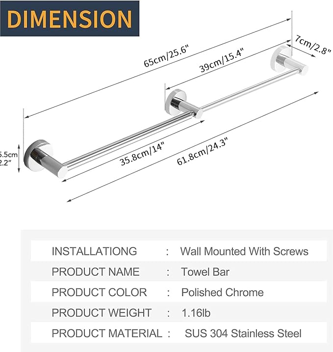 BESy Adjustable Towel Bar Towel Racks for Bathroom Rod Wall Mounted Chrome | Adjust 15" to 26" Rustproof, Stainless Steel Towel Holder, Wall Mounted for Bathroom Accessories, Heavy Duty, Space Saving