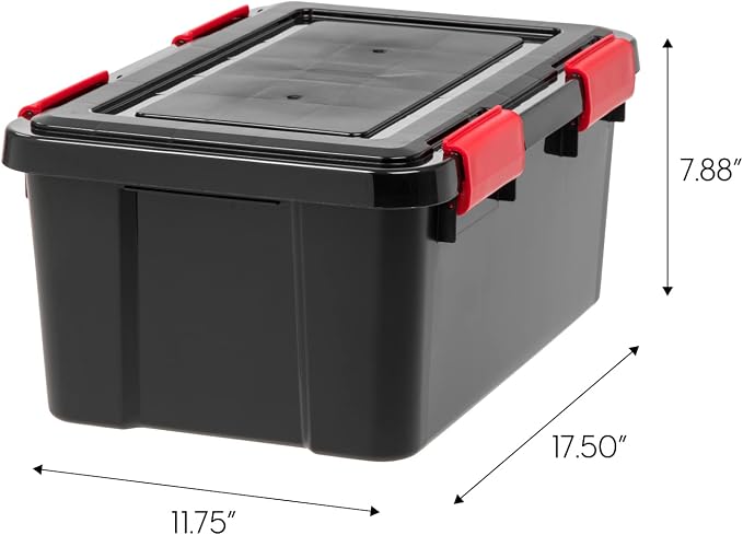 IRIS USA 6-Pack 19 Qt Storage Bins with Gasket Lids, Black/Red | WeatherPro seal protects shoes, crafts, documents and supplies from dust and moisture