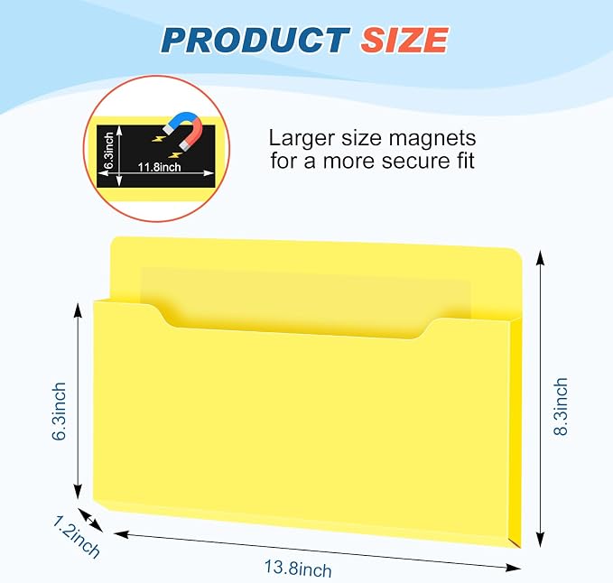 Feifeiya 2 Pcs Magnetic File Folder Wall Hanging Holder Large Pocket Paper Magazine Mail Organizer for Refrigerator Classroom Locker Whiteboard(Horizontal,Yellow Blue,13.8 x 8.3 Inches)