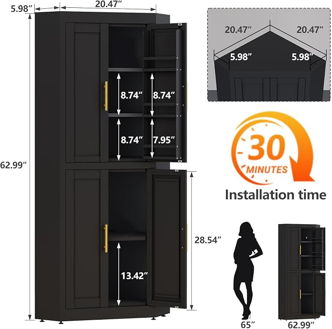 GAIOUS 63" Tall Metal Corner Kitchen Pantry Cabinet, Steel Storage Cabinets with 4 Doors and 3 Shelves, Kitchen Food Cabinets with 6 Door Panel Shelves, Farmhouse Cupboard for Kitchen Dining, Black