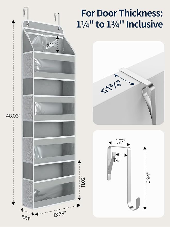 Yecaye 5 Tier Over the Door Organizer, Swing-proof Door Organizer Hanging with Clear PVC Windows, Behind the Door Storage for Bedroom Nursery Closet Laundry Pantry Bathroom, Grey