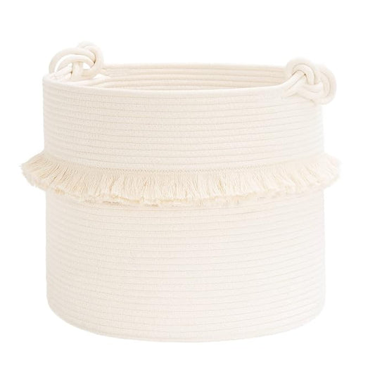 CherryNow 45L Woven Rope Baby Basket with Tassel, 16" x 13", Off-White | Decorative Boho Laundry Basket for Blankets & Towels Storage, Fits Living Room & Nuesery Home Decor, with Knotted Handles