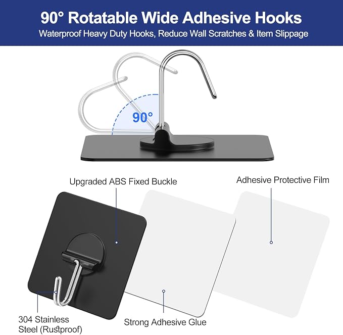 JINSHUNFA Adhesive Wall Hooks Heavy Duty No Drill Waterproof Hooks for Bathroom Kitchen Towel Coat 12 Pack Black