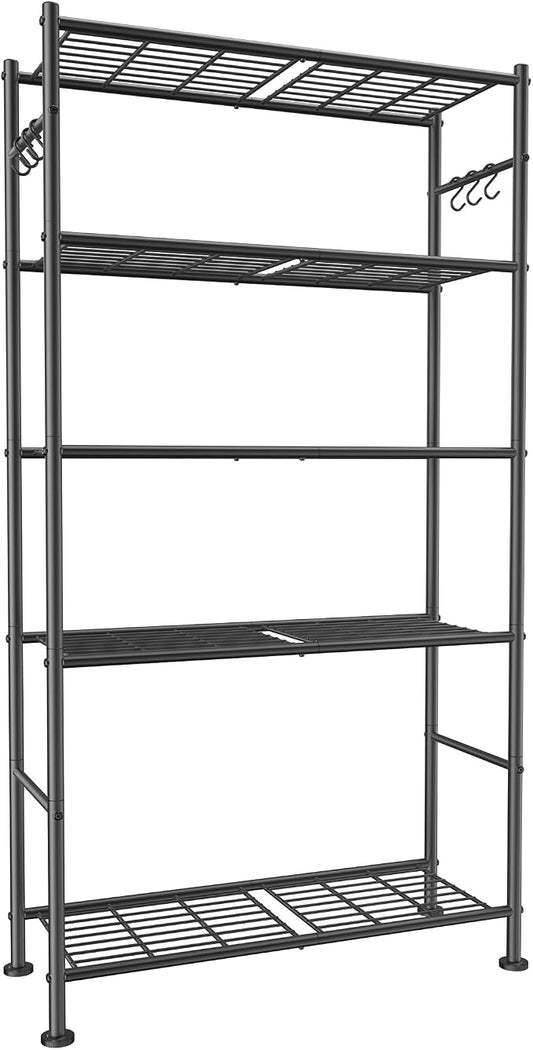 Sakugi Storage Shelves - 5-Tier Large Capacity Shelf Organizer with Hooks, Heavy-Duty Garage Shelving with Leveling Feet, Wobble-Free Rack for Bedroom, Balcony, Garage, 32.1"×12.4"×71.4", Black