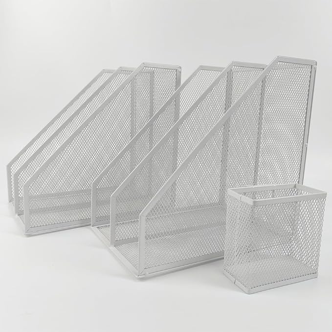 Mesh Magazine File Holder, 2 Pack Set, with Pen Holder | Sturdy Desk Organizer. 4 compartments for magazines, documents. Desktop storage for office & home. White.