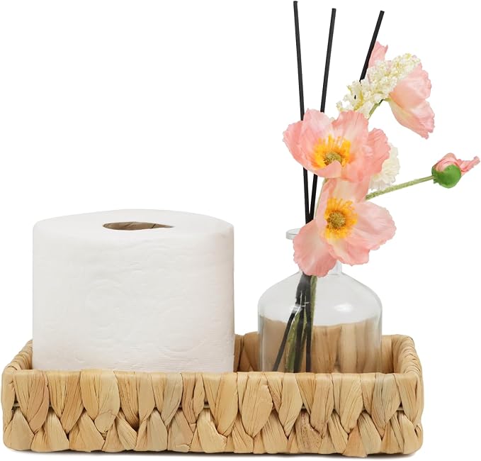 Water Hyacinth Bathroom Vanity Tray, 10 Inch | Toilet Tank Basket, Bathroom Counter Organizer, Small Wicker Tray, Toiletry Storage, Coffee Table Decor
