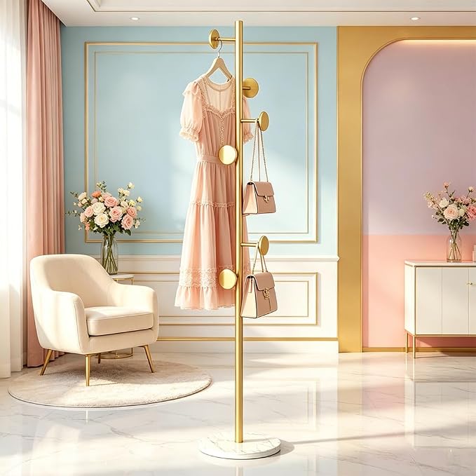 Coat Rack Freestanding Gold Coat Rack For Clothing Hats Bags Ties Purses | Sturdy Metal Clothes Rack with Marble Base & 7 Hooks, Heavy Duty Clothing Hanger Hall Tree Stand for Entryway Bedroom Hallway