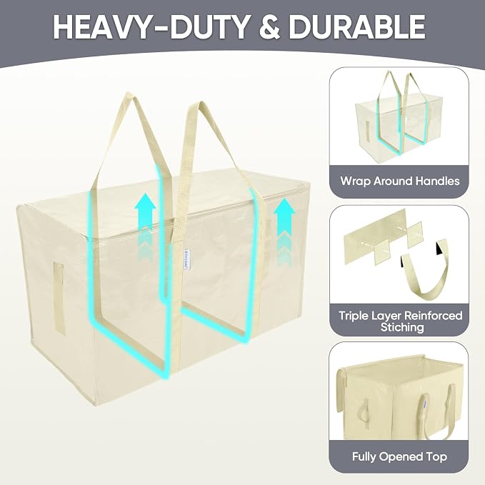 TICONN 8 Pack Extra Large Moving Bags Heavy Duty with Zippers & Carrying Handles, Durable Storage Bags Moving Boxes for Closet Organizers and Storage (8 Pack, Cream)