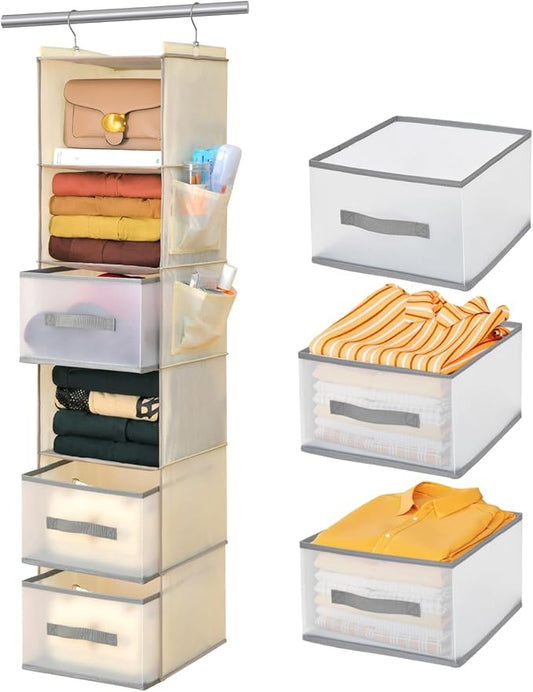 6-Tier Hanging Organizer w/ 3 Drawers,Side Pockets for Closet,Beige | Suitable for all wardrobe storage, with strong load-bearing capacity and easy to disassemble and assemble.