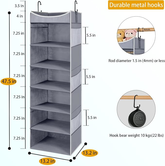 6-Shelf Hanging Closet Organizer and Storage with 6 Side Pockets, Collapsible Closet Hanging Shelves for Storage, Grey