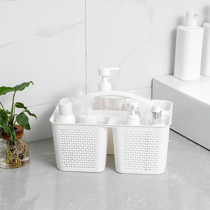 Plastic Portable Shower Caddy Basket with Handle, 3 Compartments, White | Storage Organizer with Drain Holes, Sturdy and Durable For Bathroom, Kitchen, College Dorm, Sink, Camping