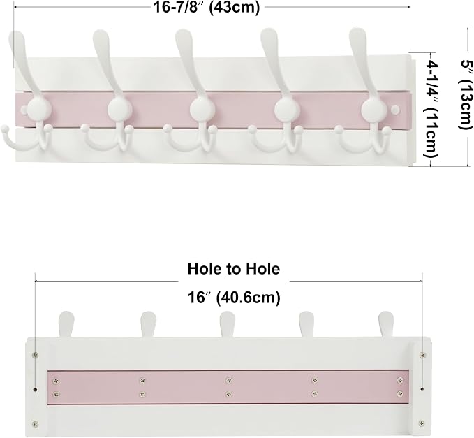 SKOLOO Coastal Wall Mounted Coat Rack-16.88" Beach House Entryway Wooden Coat Hook with 5 Hooks for Hanging Coats, Hats or Towels, Oceanfront Cottage Core Collection, White&Palm Beach Pink, Pack of 2