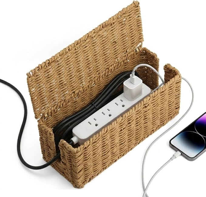 Handwoven Natural Raffia Cable Management Box with Lid – Decorative Cord Organizer for Power Strips, Surge Protectors & Charging Cables – Woven Storage Basket for Home & Office (Natural Raffia)