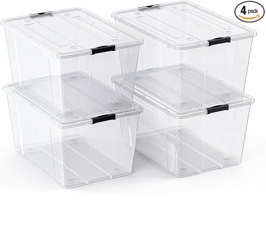 Lifetime Appliance Parts 4 PACK 75 Qt. Plastic Storage Bin Tote Organizing Container with Ultra Durable Lid & Secure Latching Buckles Stackable Extra Strength Clear w/Black Handle